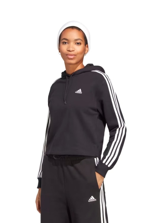 Blusa Moletinho Adidas Cropped Essentials 3-stripes Preto