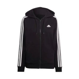 Blusa Moletom Adidas Capuz Zíper Regular Essentials 3-stripes Preto/Branco