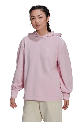 Blusa Moletom Adidas Smocked Cuff Capuz Feminino Rosa/Branco