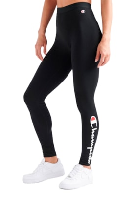 Calça Champion Legging Authentic Graphic Vertical Script Logo Feminina Preta/Branca Calça Champion Legging Authentic Graphic Vertical Script Logo Feminina Preta/Branca