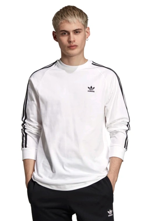 Camiseta Adidas 3 Stripes Ls Manga Longa Branca Newskull