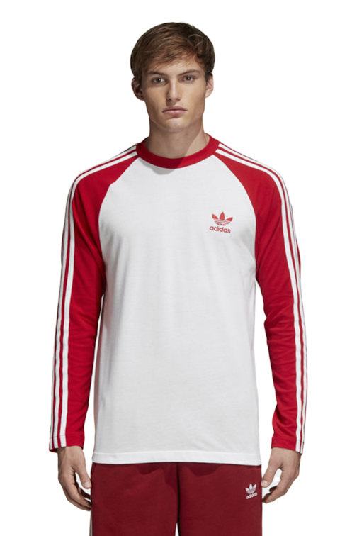 Camiseta Adidas 3 Stripes Manga Longa Branco Vermelho Newskull