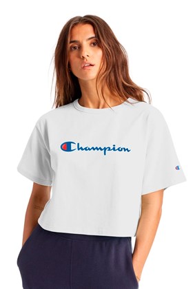 Camiseta Champion Feminina Cropped Tee Script Logo Ink Branca/Azul
