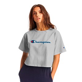 Camiseta Champion Feminina Cropped Tee Script Logo Ink Cinza/Azul
