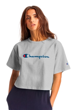 Camiseta Champion Feminina Cropped Tee Script Logo Ink Cinza/Azul Camiseta Champion Feminina Cropped Tee Script Logo Ink Cinza/Azul