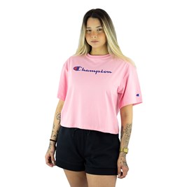 Camiseta Champion Feminina Cropped Tee Script Logo Ink Rosa/Azul