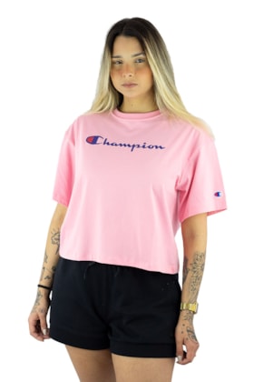 Camiseta Champion Feminina Cropped Tee Script Logo Ink Rosa/Azul Camiseta Champion Feminina Cropped Tee Script Logo Ink Rosa/Azul