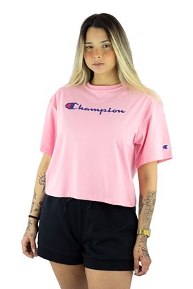 Camiseta Champion Feminina Cropped Tee Script Logo Ink Rosa/Azul