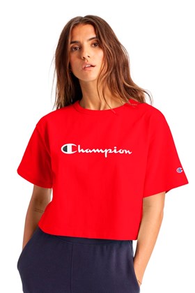 Camiseta Champion Feminina Cropped Tee Script Logo Ink Vermelha/Branca