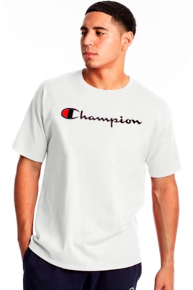 Camiseta Champion Malha Grossa Script Patch Logo Branco/Azul Marinho Camiseta Champion Malha Grossa Script Patch Logo Branco/Azul Marinho