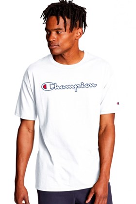 Camiseta Champion Script Logo Outline Branco/Azul