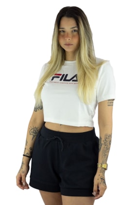 Camiseta Fila Cropped Logo Heritage Feminina Branca/Azul Camiseta Fila Cropped Logo Heritage Feminina Branca/Azul