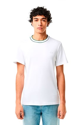 Camiseta Lacoste Piqué Stretch Gola Listrada Branco