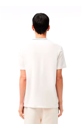 Camiseta Lacoste Piqué Stretch Gola Listrada Branco/Azul Marinho