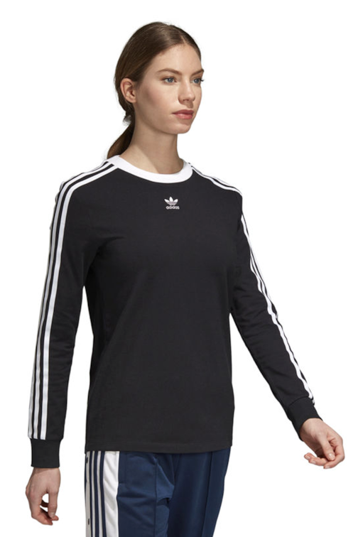 Camiseta Manga Longa Adidas 3 Stripes Feminina Preta Newskull