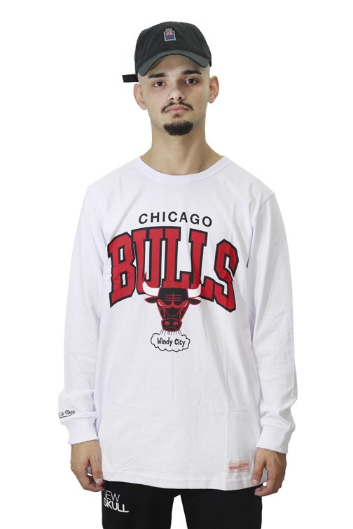 Camiseta Mitchell e Ness Chicago Bulls Manga Longa Arch Branco