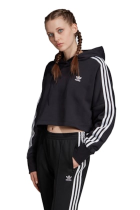 Moletom ADIDAS Capuz Cropped 3 Stripes Feminino Preto Moletom ADIDAS Capuz Cropped 3 Stripes Feminino Preto