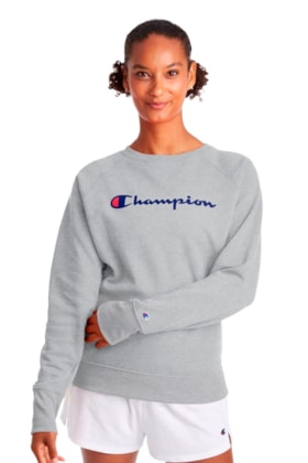 Moletom Champion Felpado Boyfriend Script Logo Ink Feminino Cinza/Azul Moletom Champion Felpado Boyfriend Script Logo Ink Feminino Cinza/Azul