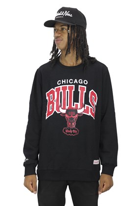 Moletom Mitchell e Ness Chicago Bulls Logo Arch Careca Preto